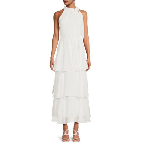 Julia Jordan Tiered A Line Maxi Dress 8 NWOT White Chiffon Dot Bridal Grad Glam - Picture 1 of 10